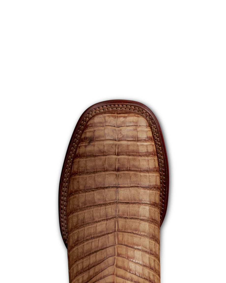 Toe view of The William - Toffee/Navy Caiman on plain background