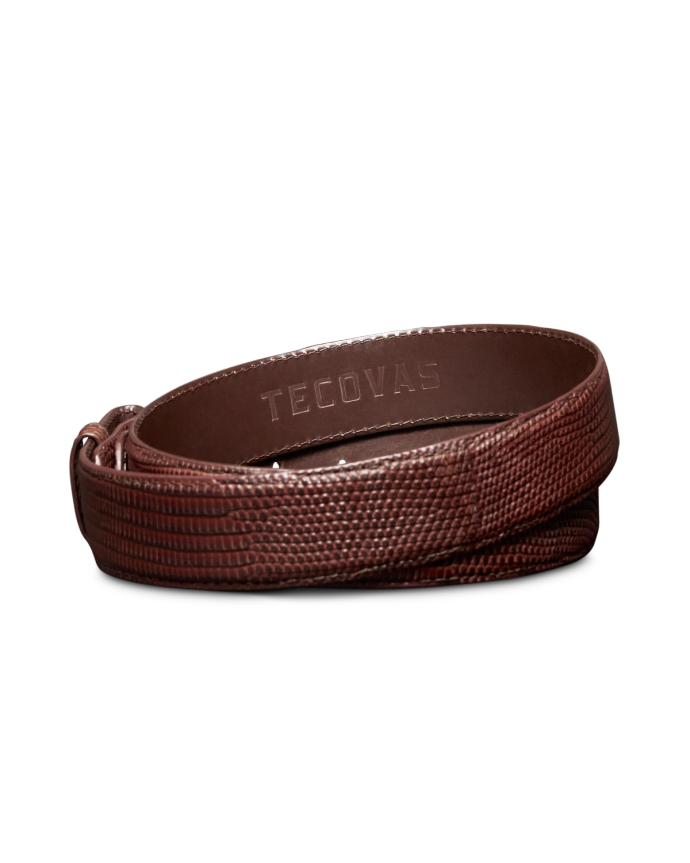 Back view of Men's Lizard Belt II - Hazelnut on plain background