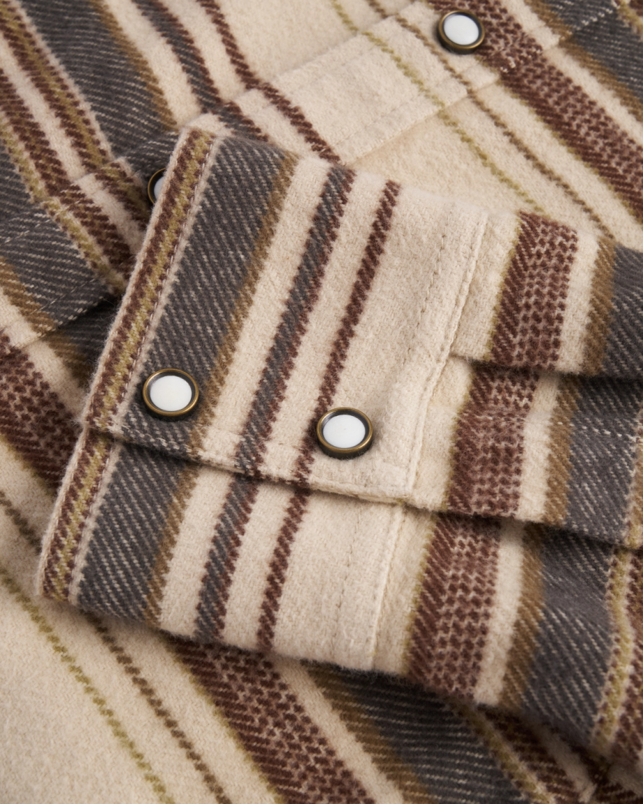 Closeup view of Men's Blanket CPO Shacket - Khaki / Multi
