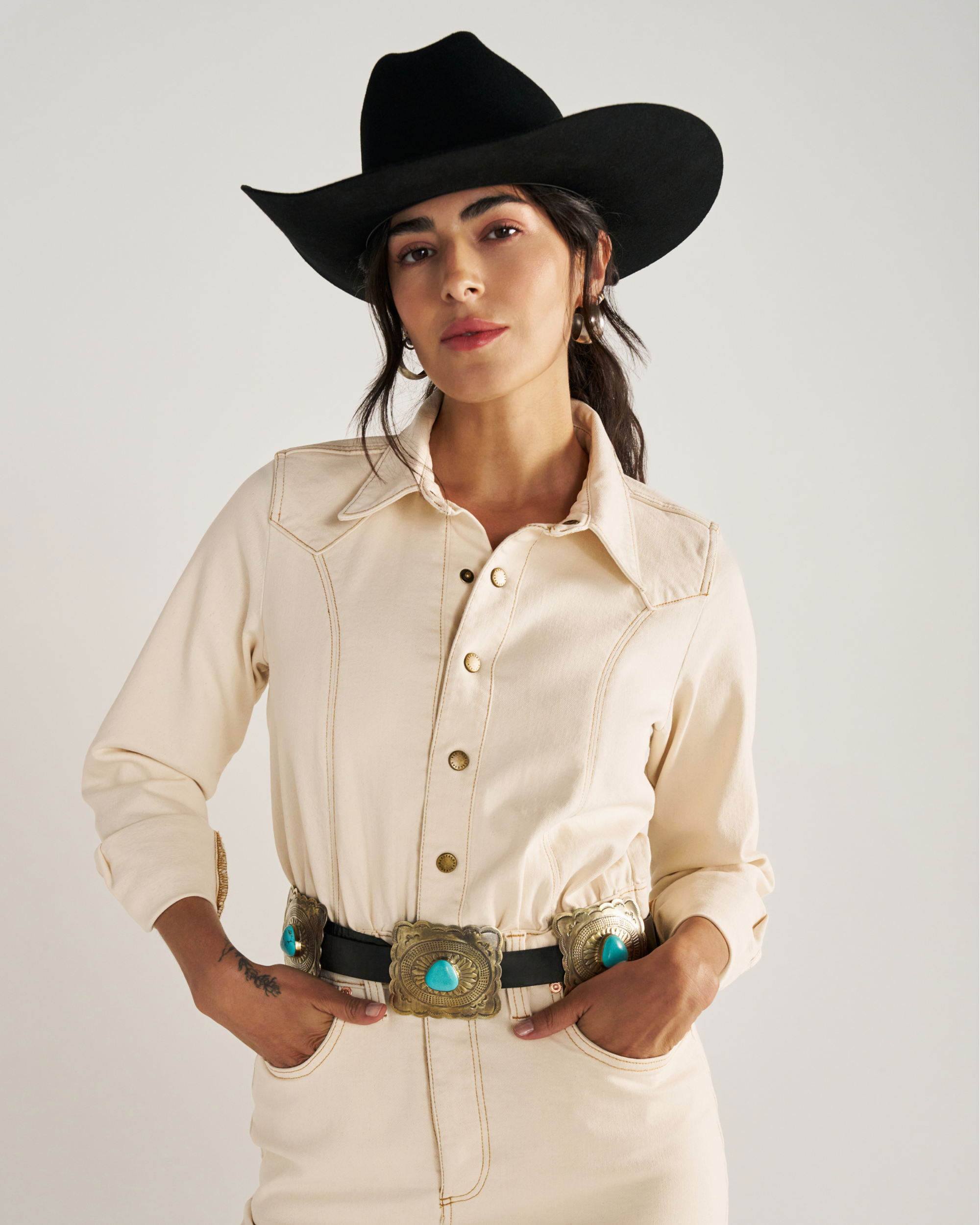 Closeup detail view of Women's L/S Natural Denim Midi Dress - Natural