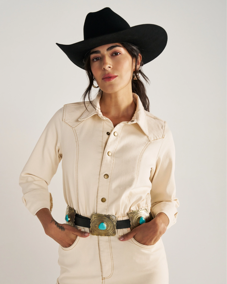 Closeup detail view of Women's L/S Natural Denim Midi Dress - Natural