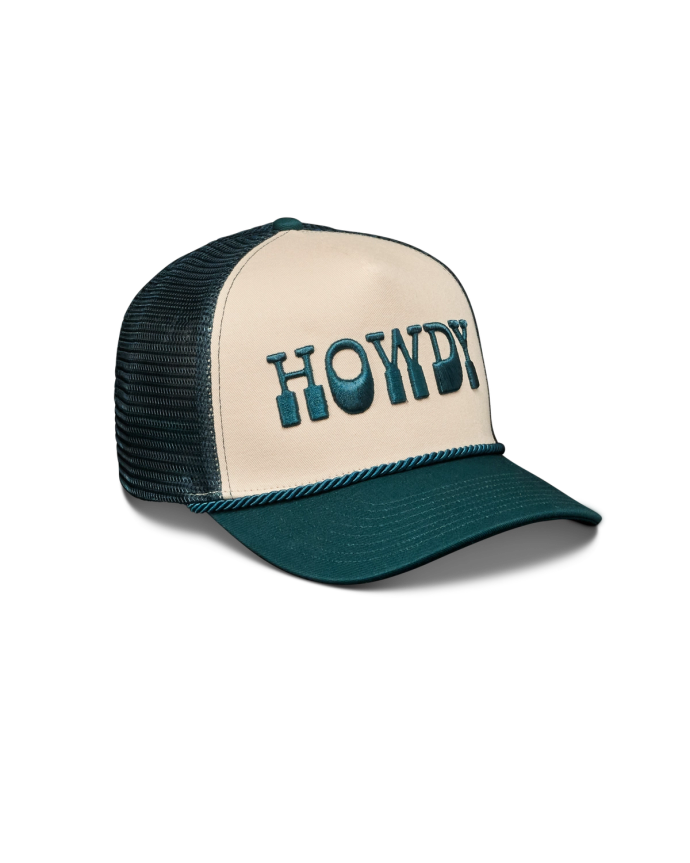 Quarterfront view of Howdy Trucker - White/Dark Teal on plain background