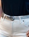 Lifestyle view of Women's 3 Piece Hair on Hide Belt - Brown Multi