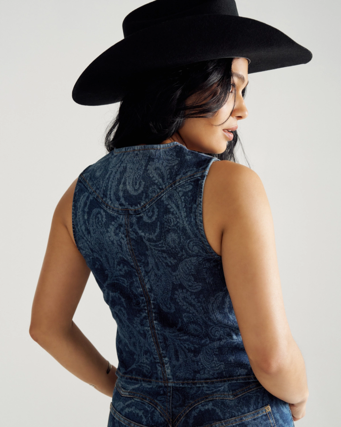 Back view of Women's Denim Vest - Blue Paisley on model