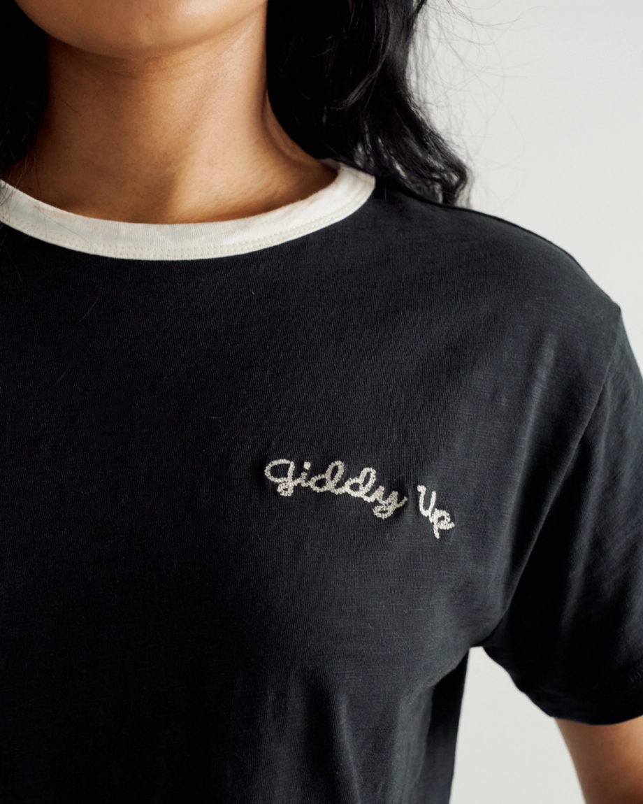 Front view of Women's Vintage Ringer Tee - Black / Bone on model