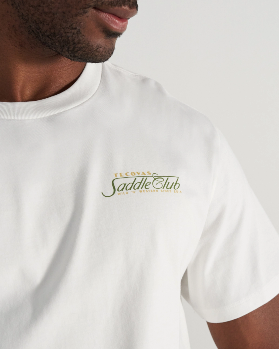 Closeup detail view of Men's Saddle Club T-Shirt - Bone/Multi