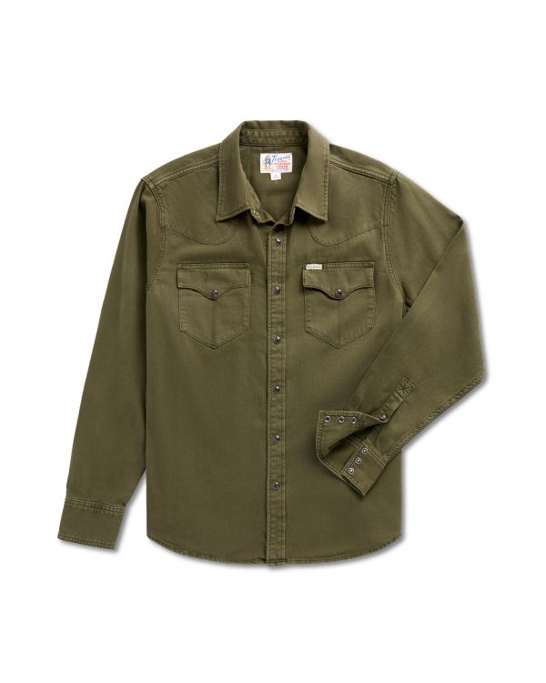 Olive green long-sleeve button-up shirt with two chest pockets, buttoned cuffs, and a folded collar, displayed on a white background.