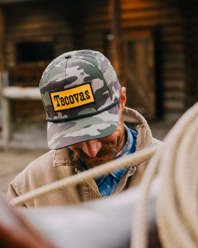 Profile view of Tecovas Patch Five-Panel High Profile Hat - Brown Camo on plain background