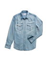 Closeup detail view of Men's Denim Pearl Snap LS - Light Wash