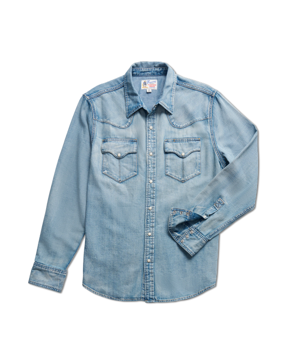 Closeup detail view of Men's Denim Pearl Snap LS - Light Wash