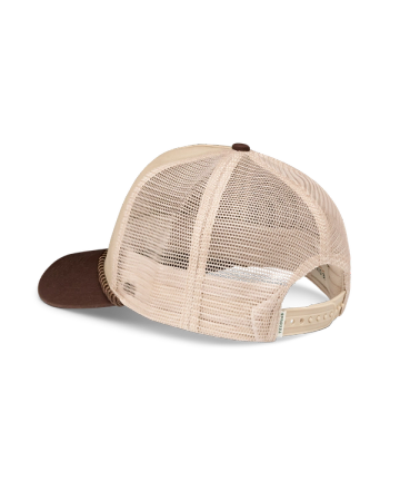 Quarterback view of Soco Patch Five-Panel Trucker - Brown on plain background