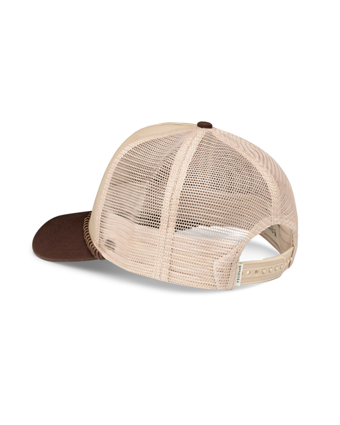 Quarterback view of Soco Patch Five-Panel Trucker - Brown on plain background