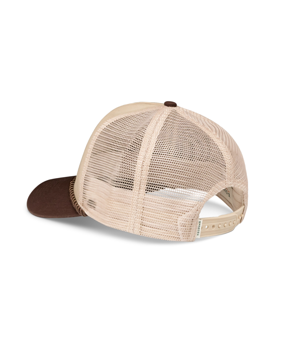 Quarterback view of Soco Patch Five-Panel Trucker - Brown on plain background