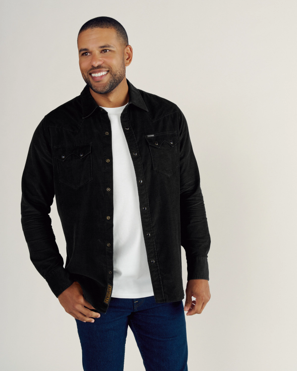 Closeup detail view of Men's Texas Weight Corduroy Pearl Snap LS - Black