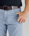 Closeup detail view of Men's Slim Straight Heritage Denim - Light Blue