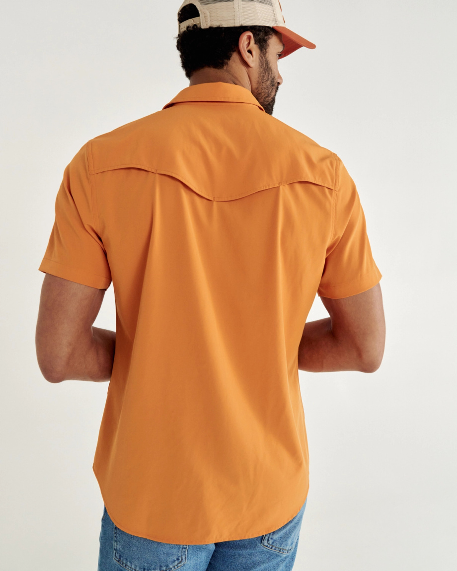 Closeup detail view of Men's Performance Western Pearl Snap SS - Burnt Orange