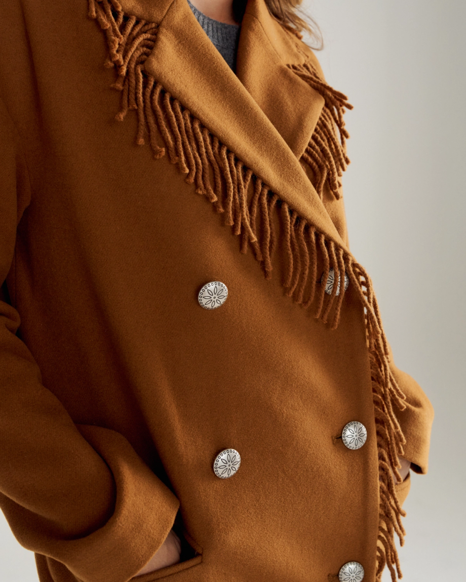 Closeup detail view of Women's Western Fringe Coat - Caramel