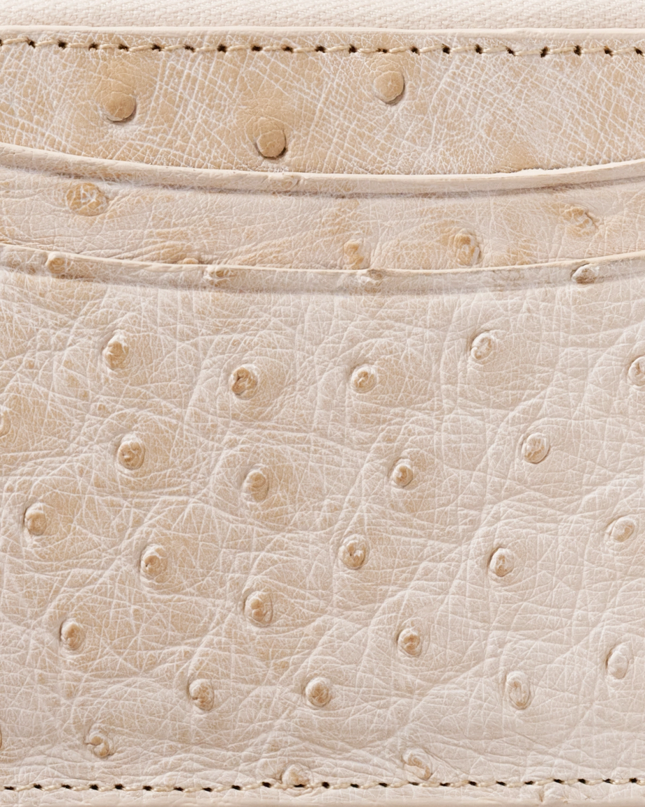 Close-up of a beige textured leather surface with visible stitching and raised bumps, suggesting it is ostrich leather.