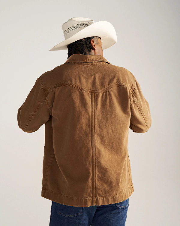 Back view of Men's Chore Jacket - Washed Tobacco on model