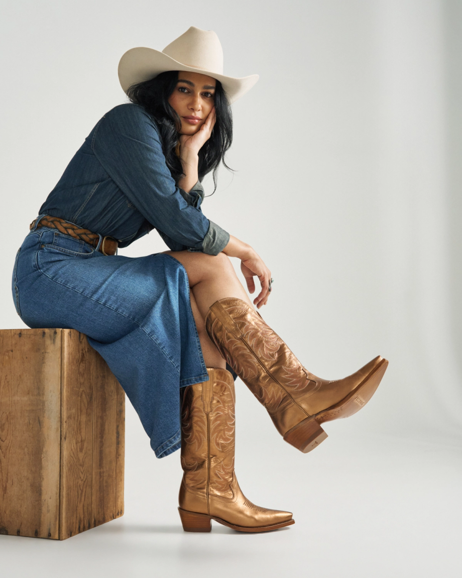 Full view of The Annie - Copper Cowhide on model