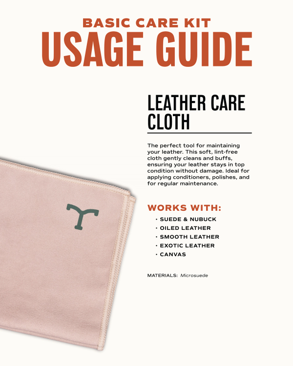 A folded pale leather care cloth with stitched edges is shown beside text that outlines its uses and suitable materials such as suede, nubuck, oiled leather, smooth leather, and canvas.