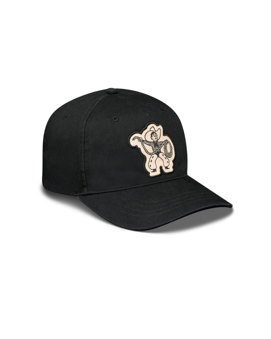 Quarterfront view of Cowboy Patch Hat - Black on plain background
