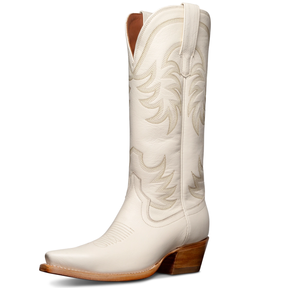 A single white cowboy boot with decorative stitching and a wooden heel is shown against a plain background.