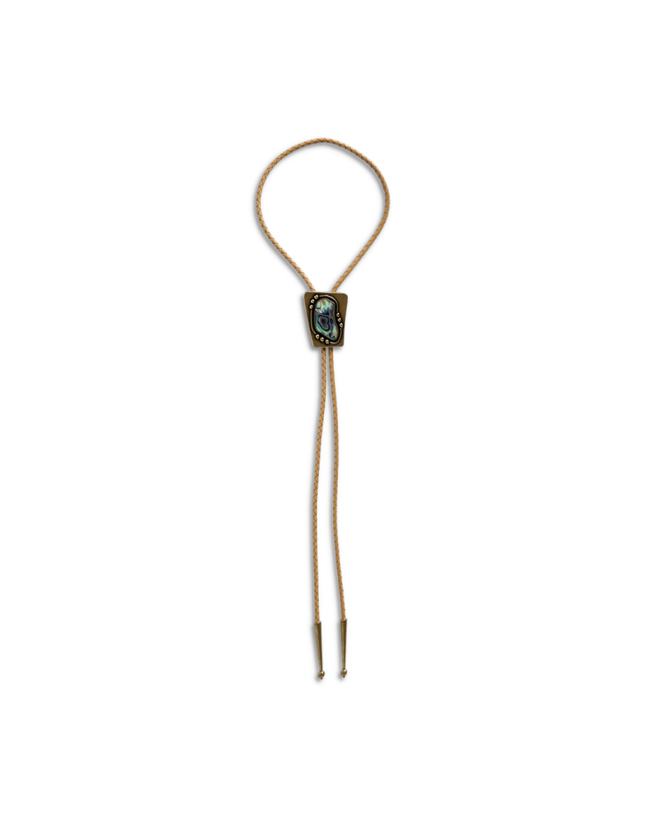 Front view of Iron Lamb Abalone Bolo - Blue / Tan on plain background