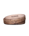 A brown snakeskin belt with a light interior featuring the brand name "Tecovas" printed in black.