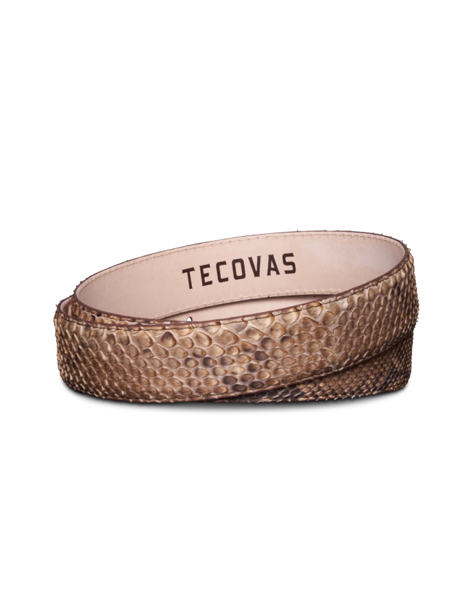 A brown snakeskin belt with a light interior featuring the brand name "Tecovas" printed in black.