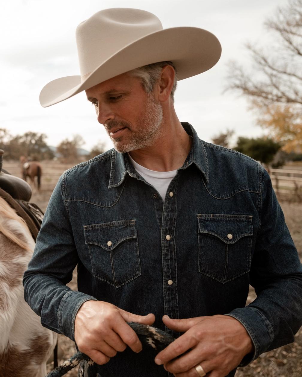 Man in a cowboy hat and denim shirt stands beside a saddled horse, holding a rope in a fenced outdoor area.