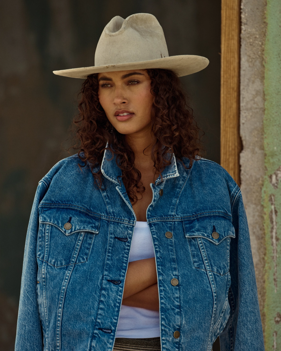 View of Women's Denim Trucker Jacket - Medium Wash