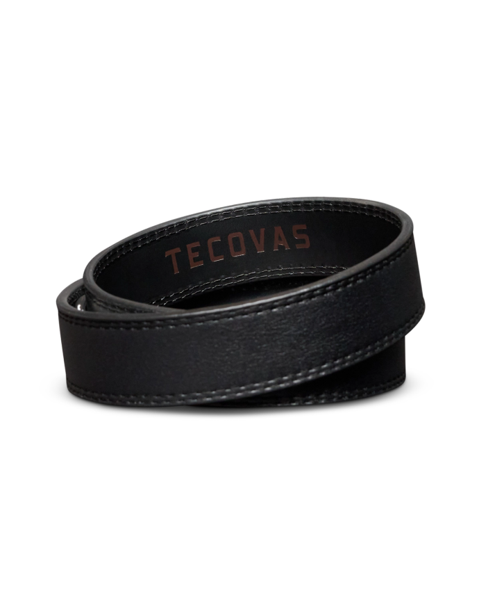 Coiled black leather strap with visible stitching and the word "Tecovas" embossed in brown.