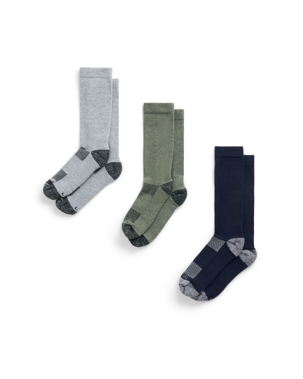 Three pairs of crew socks in light gray, olive green, and navy blue, each with dark gray accents on the toe and heel, displayed against a white background.