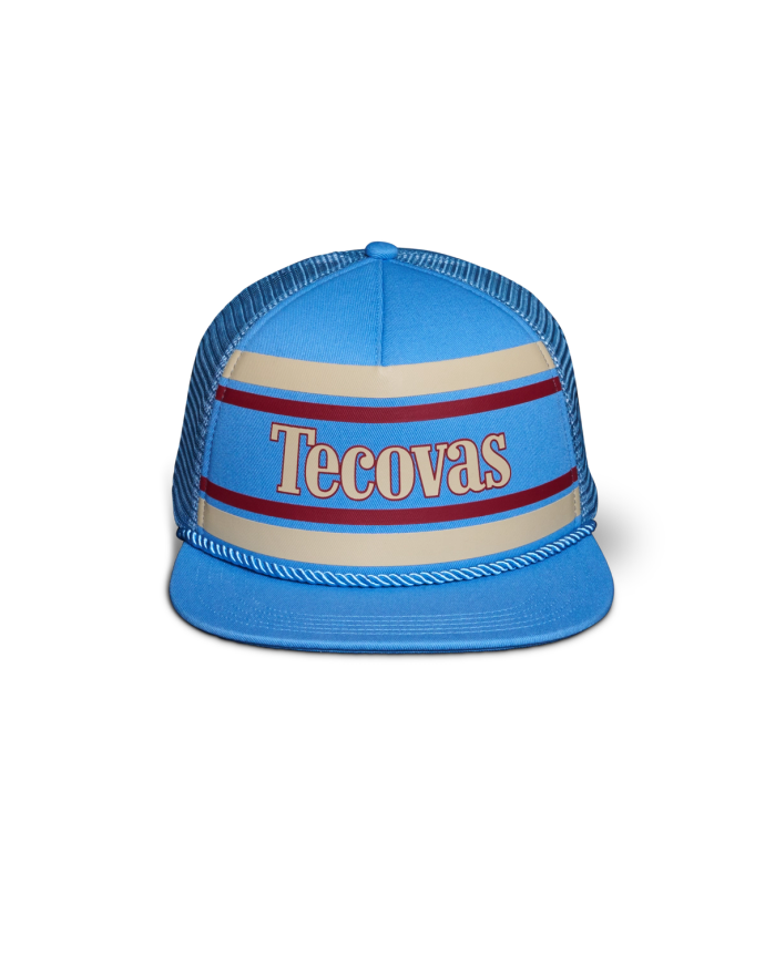 Front view of Retro 5-Panel High Pro Flat Brim Trucker - Blue on plain background