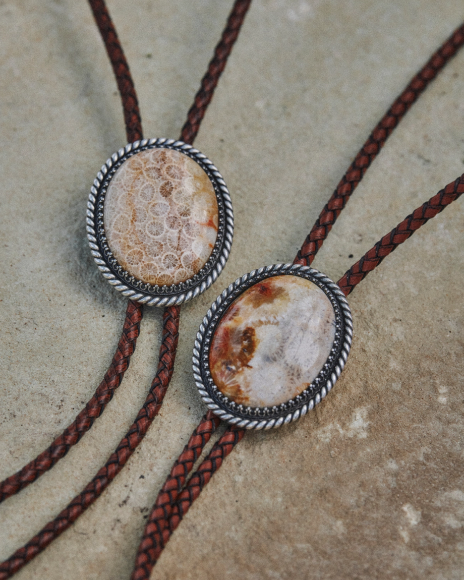 View of Iron Lamb Fossilized Coral Bolo - Cream / Black