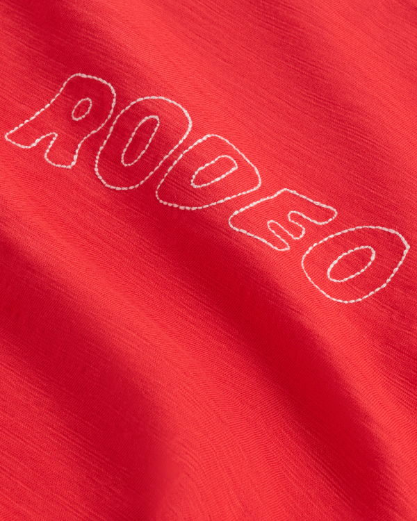 Closeup view of Women's Vintage Ringer Tee - Poinsettia/Bone