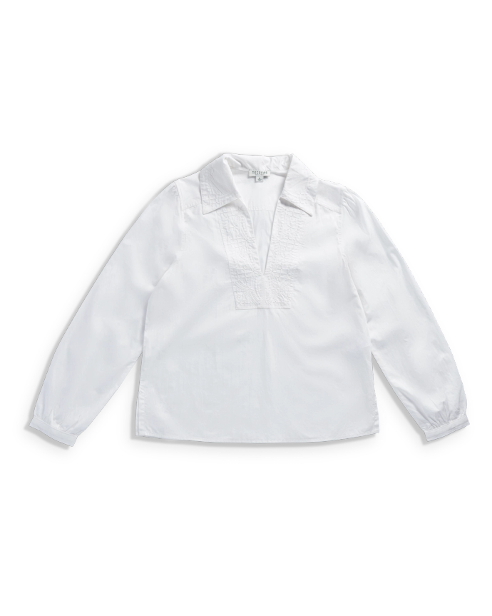 Front view of Women's L/S Embroidered Cotton Popover Top - White on plain background