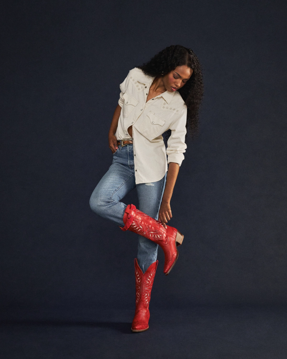 Full view of The Annie Eagle - Barn Red Cowhide on model