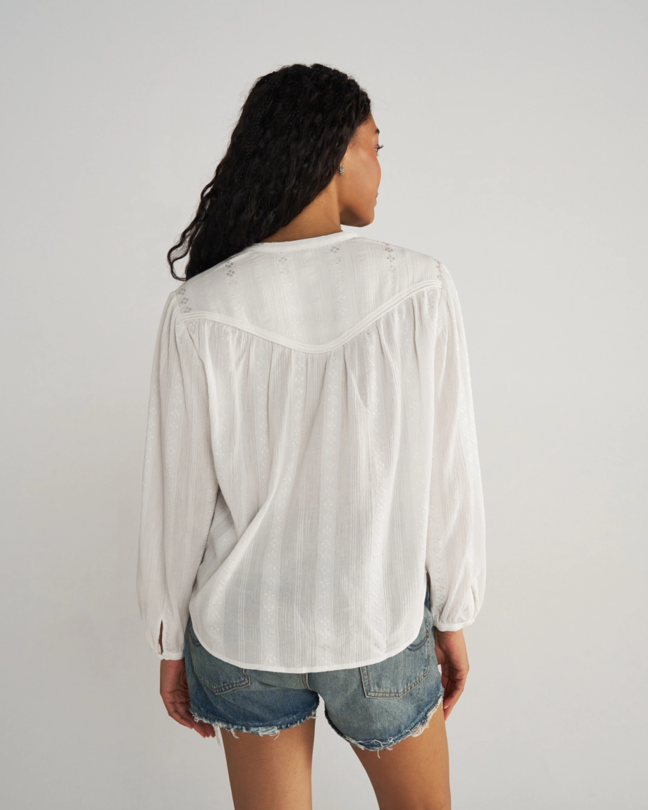 Back view of Women's L/S Woven Blouse - White on model