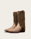 A pair of cowboy boots with light brown snakeskin-patterned toes and darker brown leather shafts, displayed against a plain background.