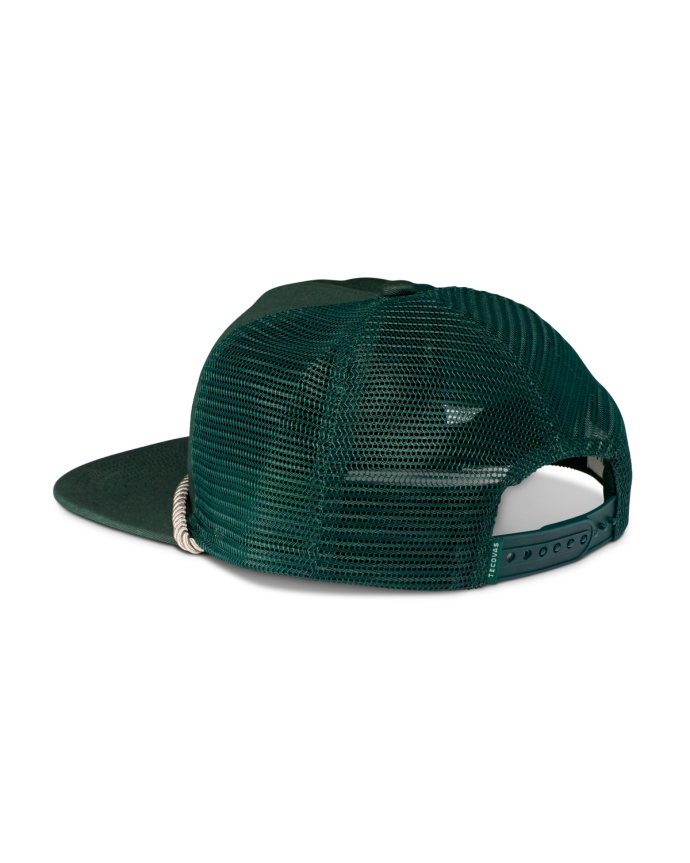 Quarterback view of Tecovas Flat Brim Trucker - Dark Green on plain background