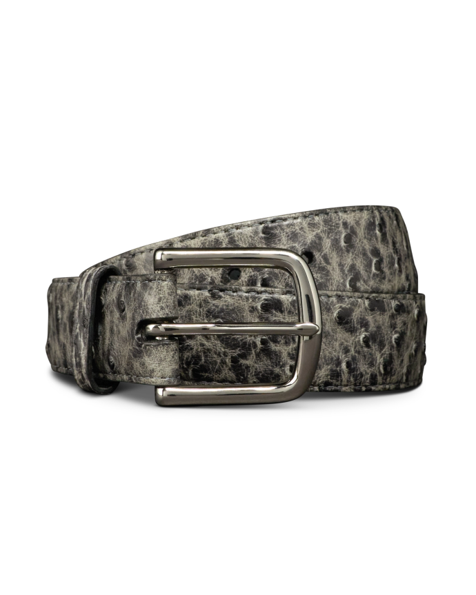 Front view of Men's Ostrich Belt II - Graphite on plain background