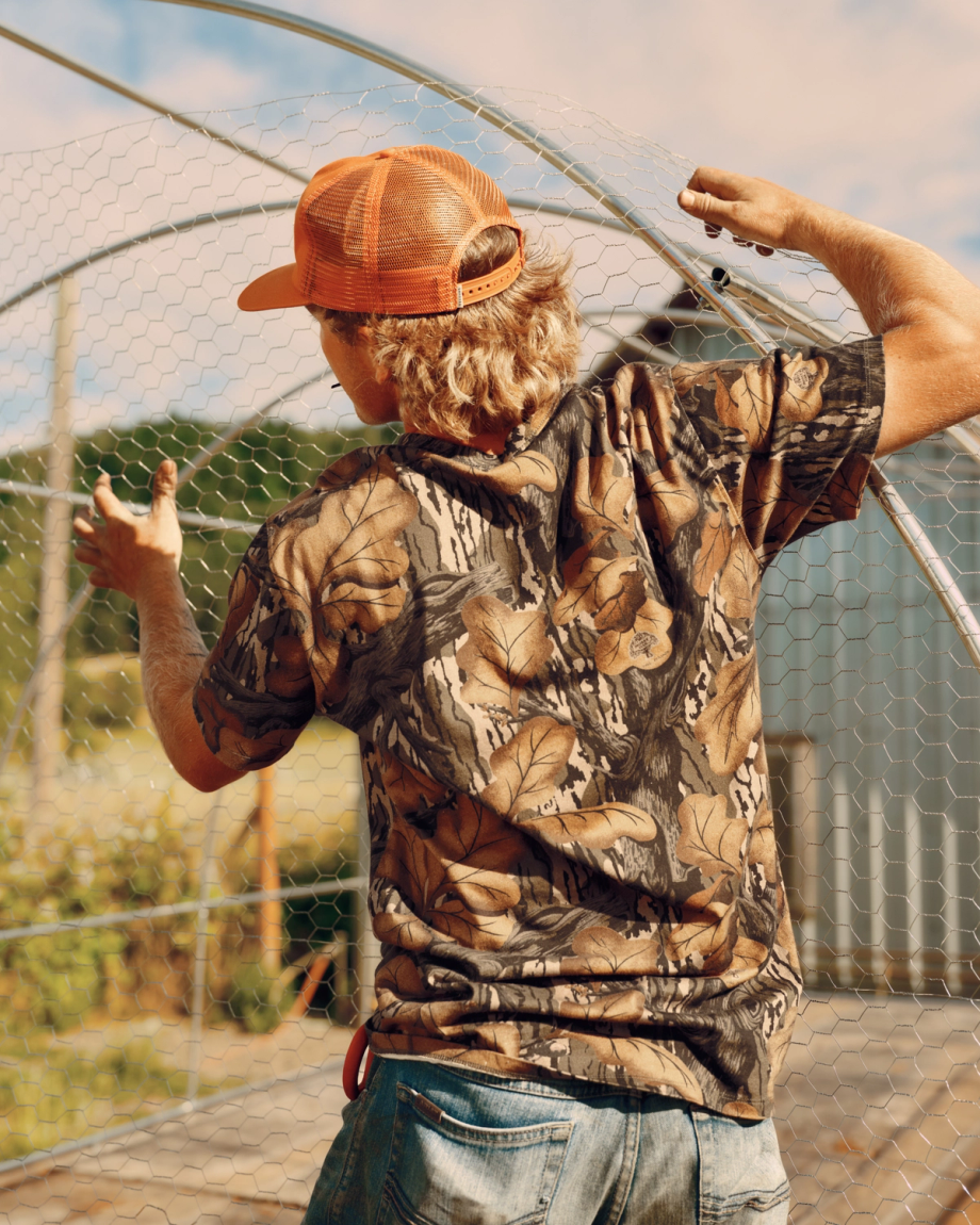 View of Men's Tecovas X Mossy Oak Fall Foliage Tee - Mossy Oak Fall Foliage