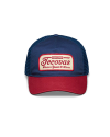 Profile view of Vintage Patch Five-Panel Low Profile Hat - Navy/Red on plain background