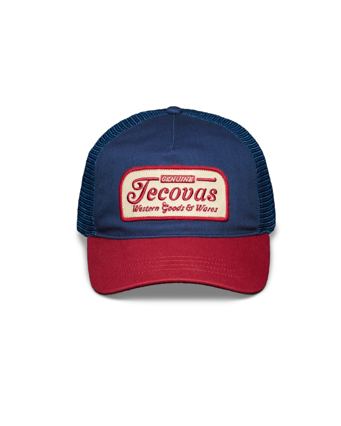 Profile view of Vintage Patch Five-Panel Low Profile Hat - Navy/Red on plain background