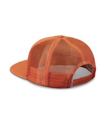 Quarterfront view of Tecovas x Mossy Oak Flat Brim Trucker - Rust on plain background