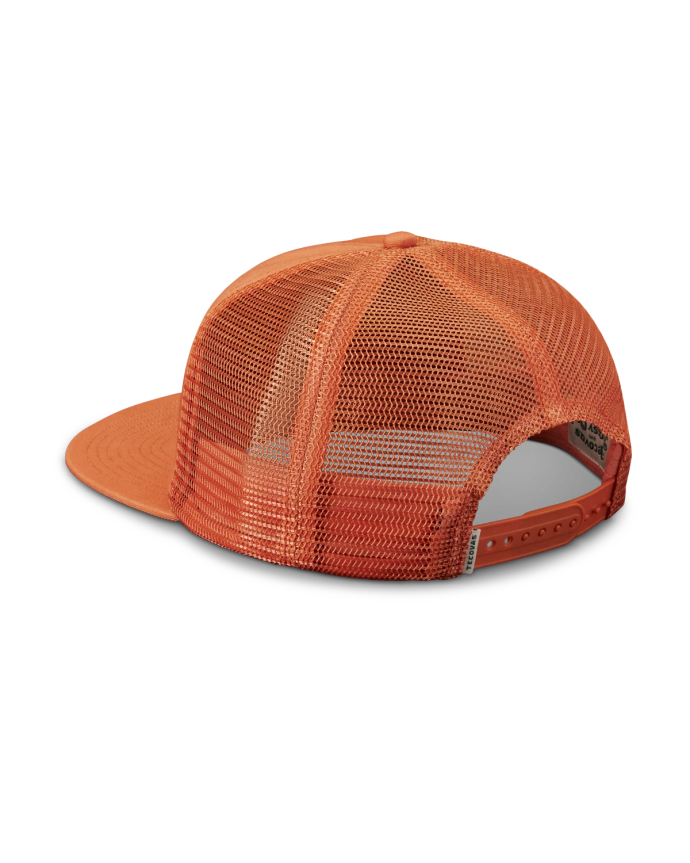 Quarterfront view of Tecovas x Mossy Oak Flat Brim Trucker - Rust on plain background