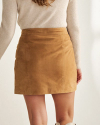 Back view of Women's Mini Suede Skirt - Tan on model