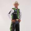 Man in a cowboy hat, white shirt, and protective vest poses with hands on hips, wearing leather chaps with green fringe, against a plain white background.